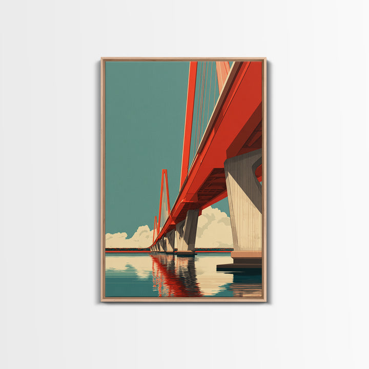Red Suspension Bridge Over Water Canvas Print, Modern Travel Poster, Architectural Wall Art, Midcentury Decor, Coastal Home Print