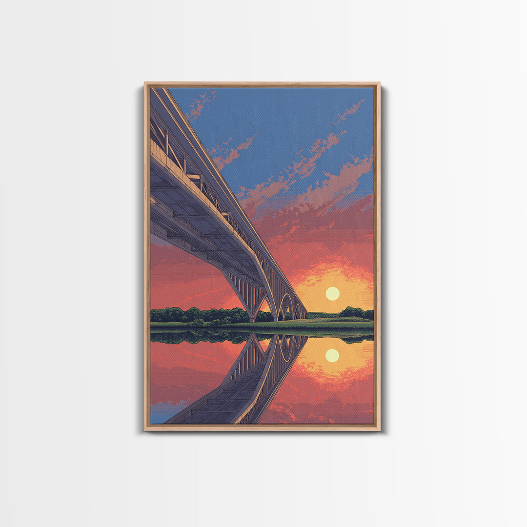 Sunset Bridge Reflection Wall Art, Pink Orange Sky Landscape Poster, Retro Travel Print, Modern Home Decor, Scenic Canvas Print