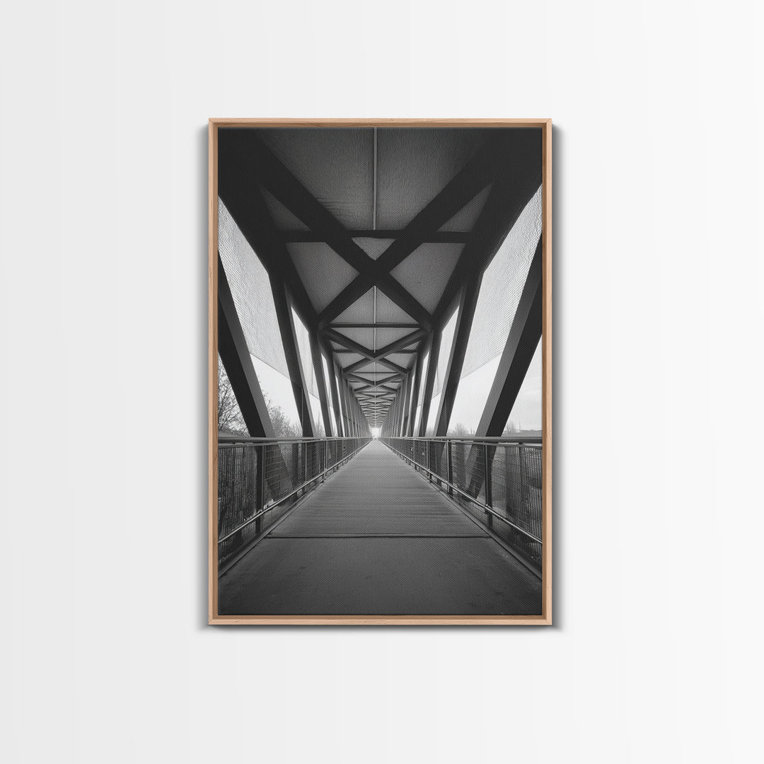 Black And White Pedestrian Bridge Wall Art, Architectural Perspective Print, Modern Office Decor, Minimalist Framed Canvas Print