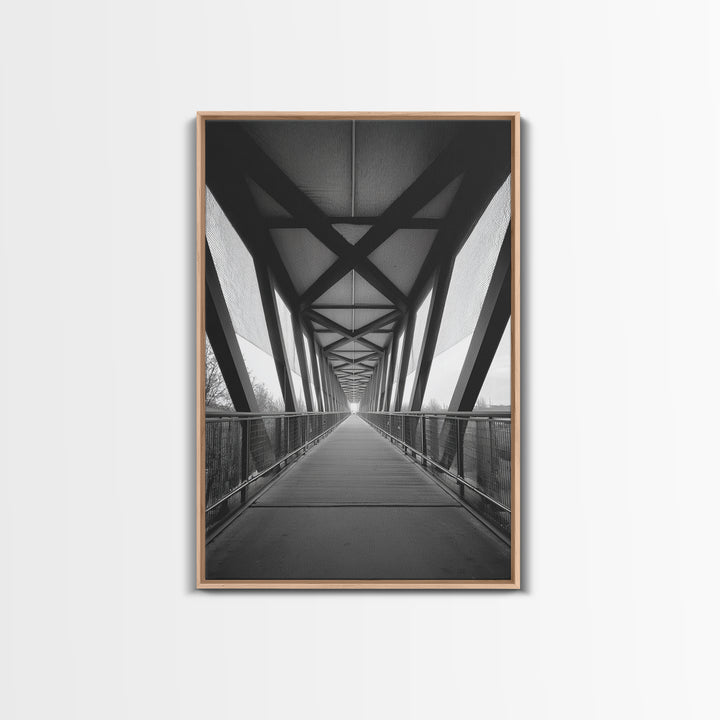 Black And White Pedestrian Bridge Wall Art, Architectural Perspective Print, Modern Office Decor, Minimalist Framed Canvas Print