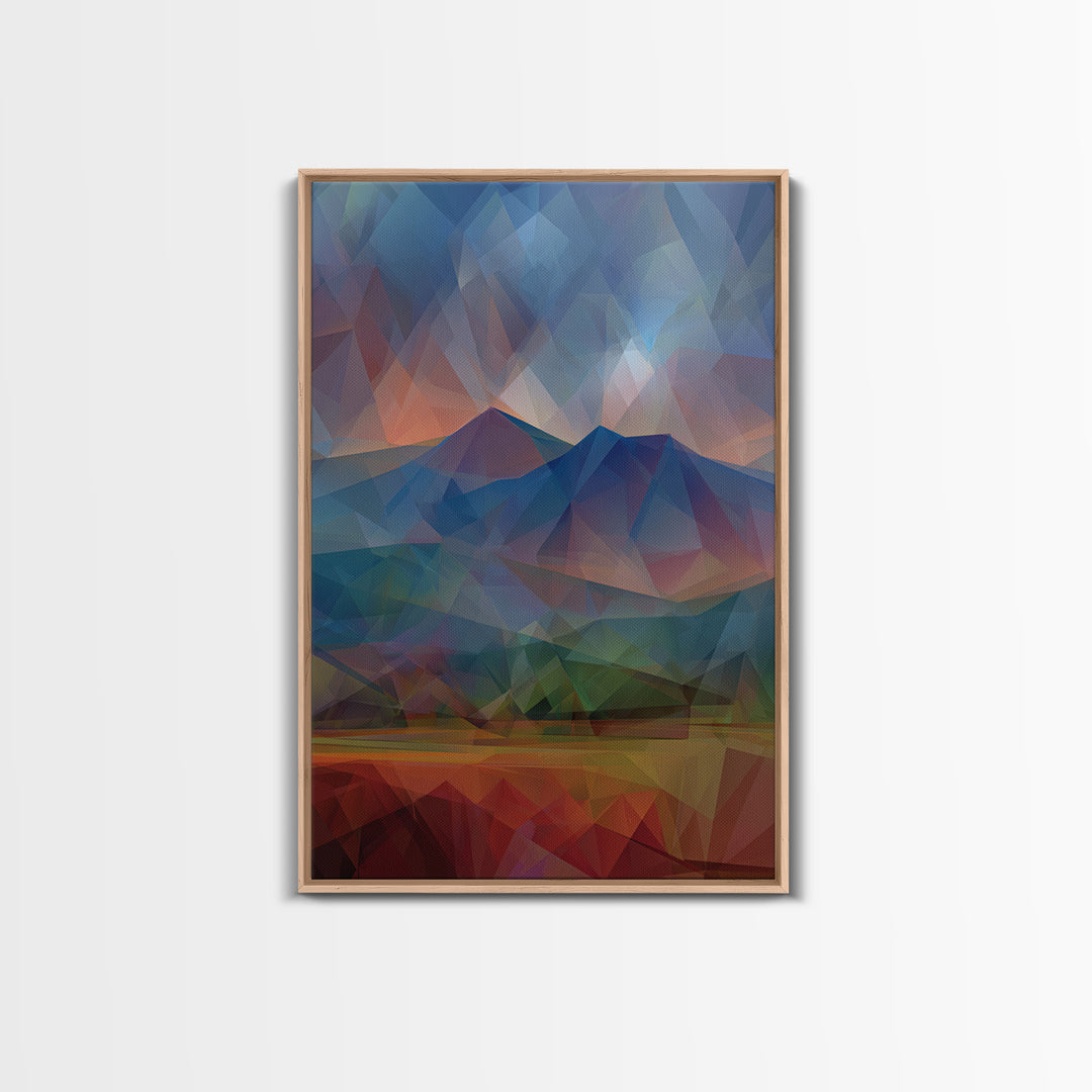 Low Poly Blue Mountain Peaks At Dusk Canvas Print, Abstract Landscape Wall Art, Modern Home Decor, Scenic Nature Poster Print