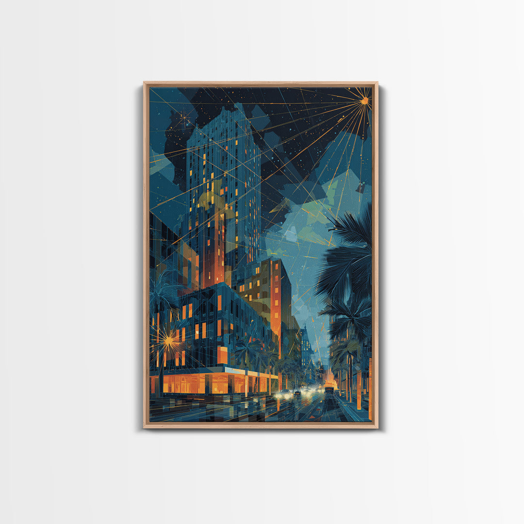 Glowing Art Deco Night City With Palms Wall Art, Mid Century Modern Poster, Retro Urban Decor, Blue Orange Living Room Print