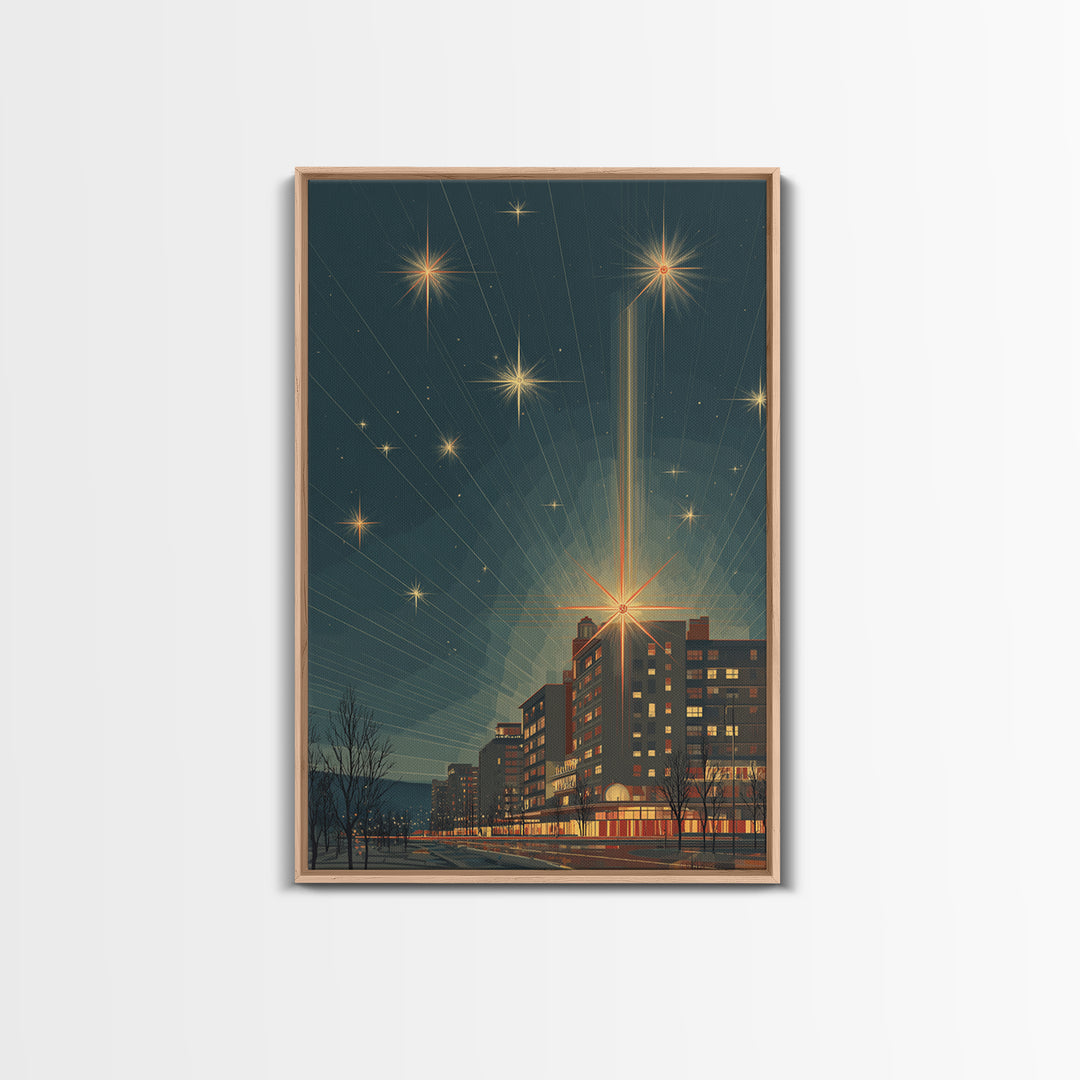 Radiant Starburst Skyline Over Waterfront Wall Art, Mid Century Modern City Print, Retro Night Decor, Office Poster Gift