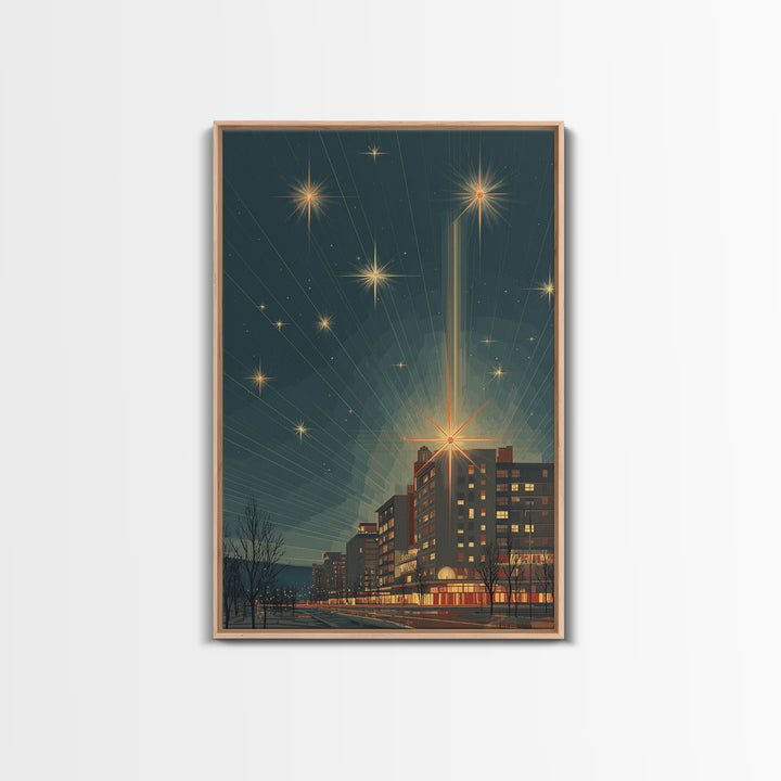 Radiant Starburst Skyline Over Waterfront Wall Art, Mid Century Modern City Print, Retro Night Decor, Office Poster Gift