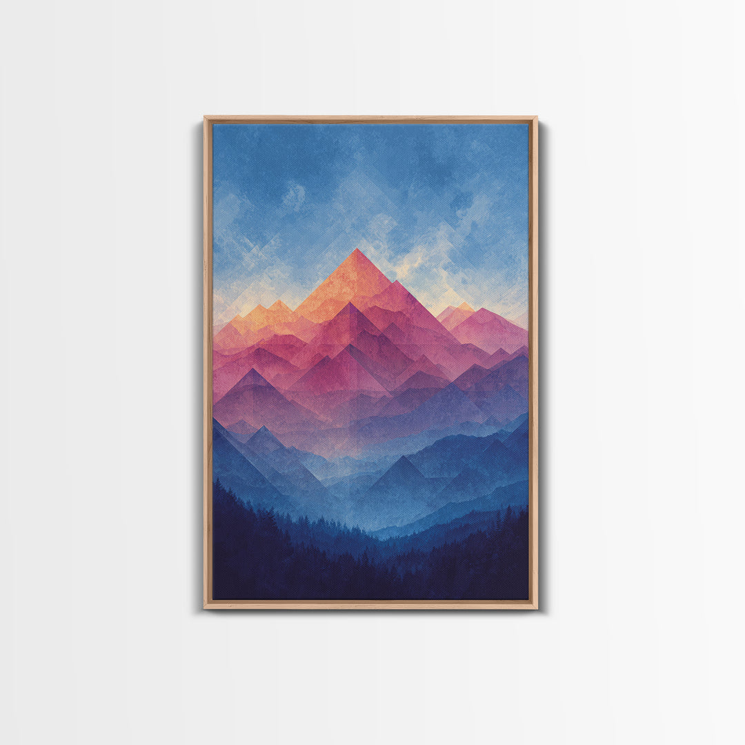 Pink And Blue Layered Mountain Sunset Wall Art, Mid Century Modern Abstract Landscape Print, Colorful Bedroom Decor Gift