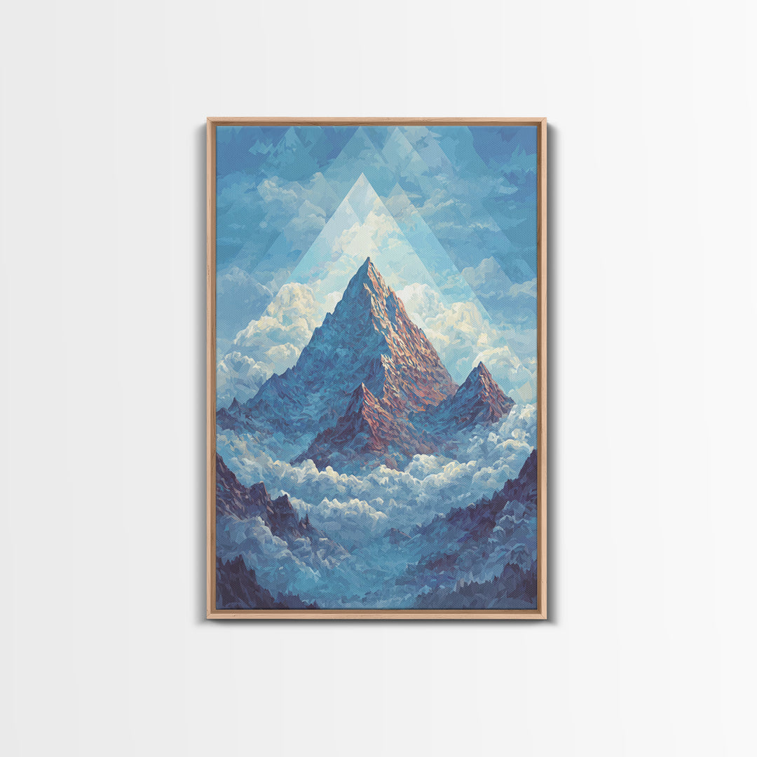 Snowy Peak Rising Above Clouds Framed Canvas Print, Mid Century Modern Wall Art, Blue Mountain Landscape Office Decor Poster