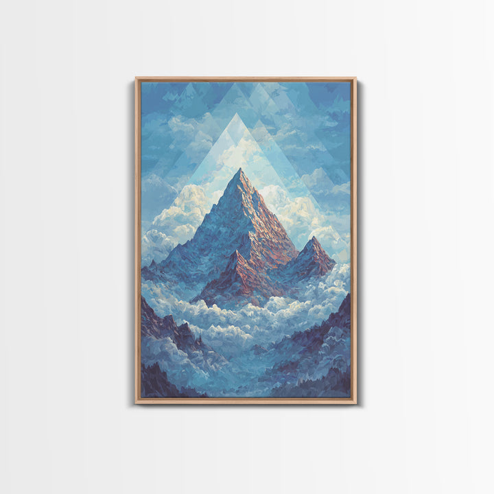 Snowy Peak Rising Above Clouds Framed Canvas Print, Mid Century Modern Wall Art, Blue Mountain Landscape Office Decor Poster