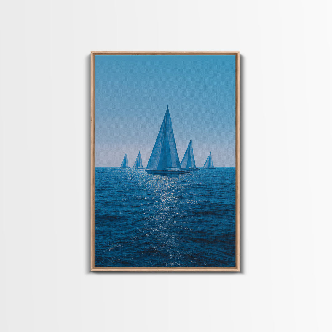 Blue Sailboats On Sparkling Ocean Wall Art, Mid Century Modern Canvas Print, Nautical Coastal Decor, Beach House Poster Gift