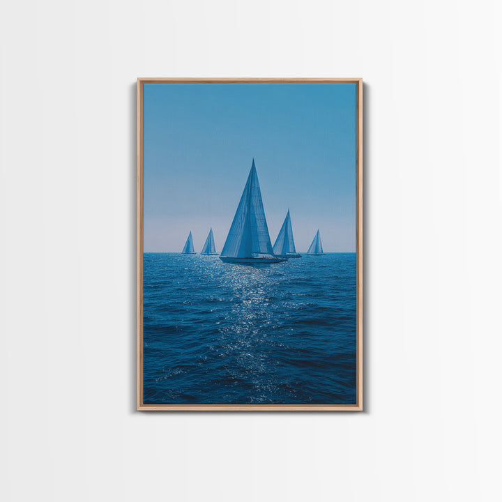 Blue Sailboats On Sparkling Ocean Wall Art, Mid Century Modern Canvas Print, Nautical Coastal Decor, Beach House Poster Gift