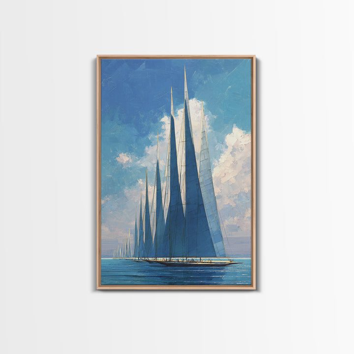Blue Sailboat Fleet On Sparkling Sea Wall Art, Nautical Coastal Decor, Modern Art Print, Living Room Ocean Canvas, Boat Lover Gift