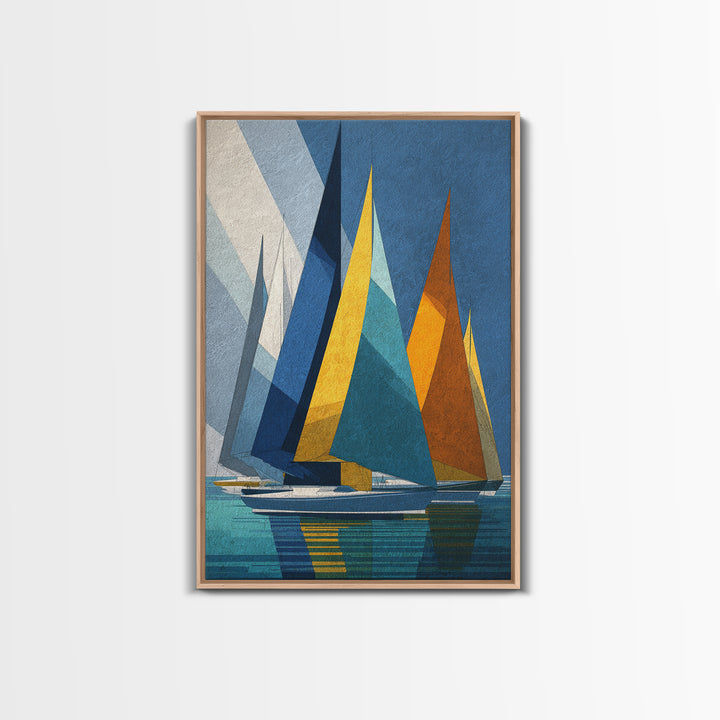 Geometric Sailboats With Yellow And Orange Sails Canvas Print, Midcentury Modern Wall Art, Coastal Nautical Decor, Boat Lover Gift