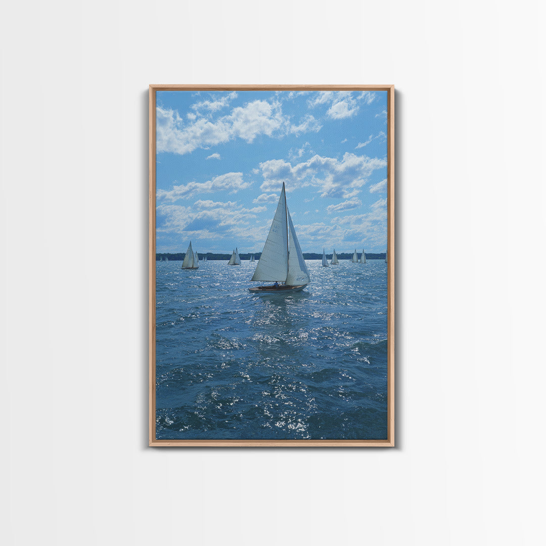 White Sailboats On Sparkling Blue Lake Wall Art, Coastal Travel Poster, Nautical Living Room Decor, Boat Lover Gift, Office Decor