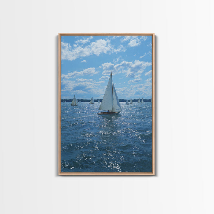White Sailboats On Sparkling Blue Lake Wall Art, Coastal Travel Poster, Nautical Living Room Decor, Boat Lover Gift, Office Decor