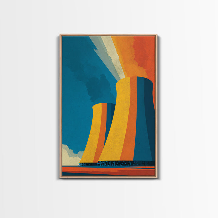 Orange Teal Cooling Towers Canvas Print, Industrial Architecture Wall Art, Retro Modern Decor, Bold Energy Poster, Office Statement Piece