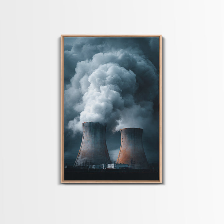 Dark Cooling Towers Under Storm Clouds Wall Art, Industrial Photography Print, Modern Office Decor, Dramatic Power Plant