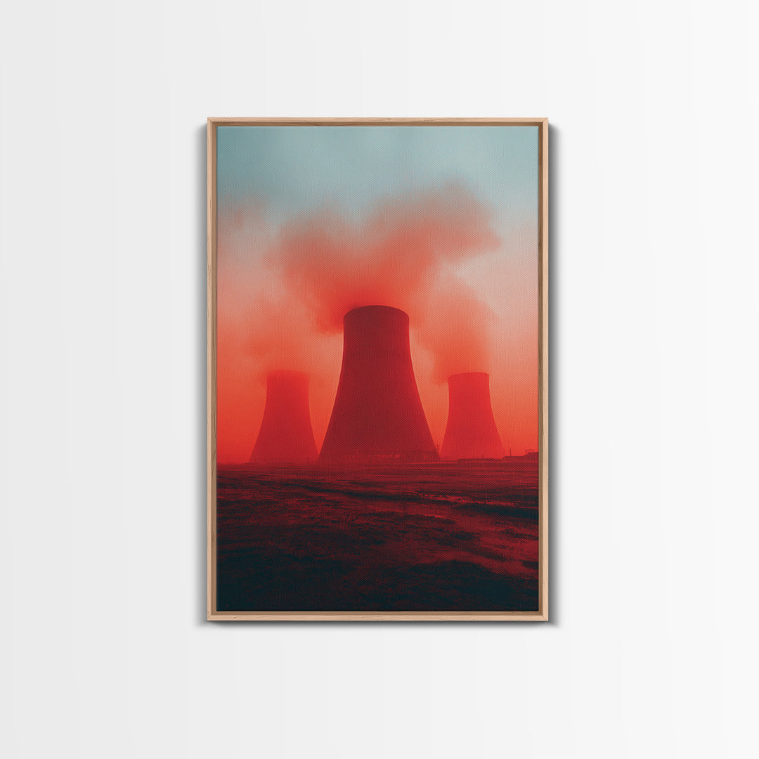 Red Fog Cooling Towers At Dusk Canvas Print, Industrial Landscape Wall Art, Moody Modern Decor, Power Plant Poster, Statement Piece