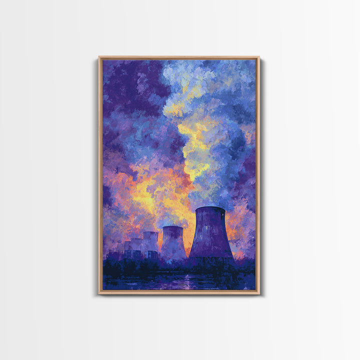 Purple Sunset Cooling Towers With Colorful Smoke Wall Art, Industrial Modern Art Print, Dramatic Office Decor, Energy Poster