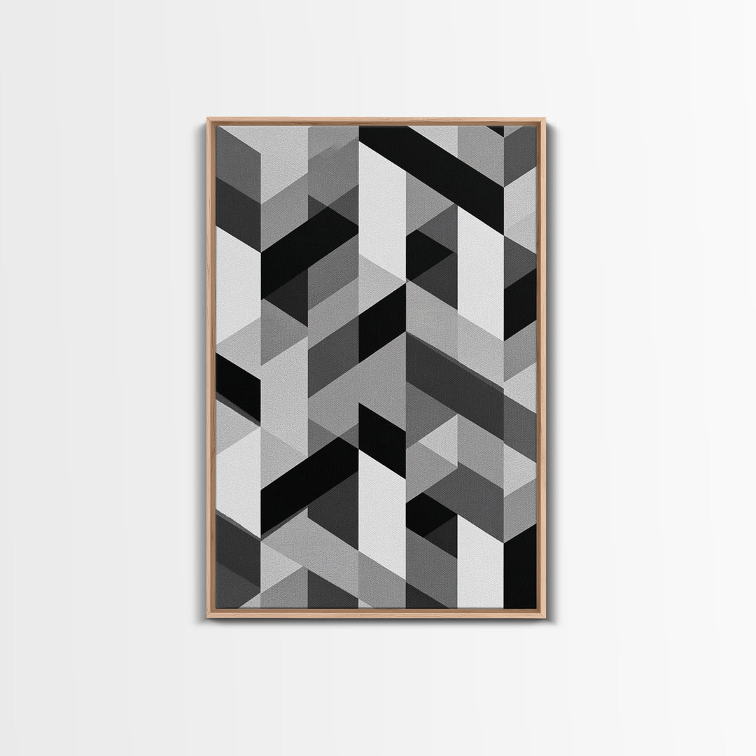 Grayscale Cubist Geometric Pattern Wall Art, Modern Abstract Art Print, Black White Office Decor, MCM Home Decor Canvas Print