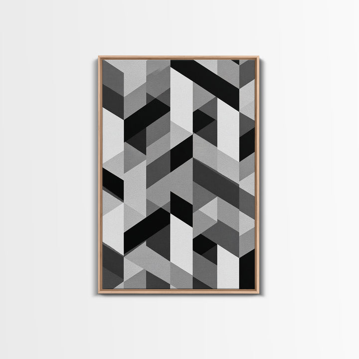 Grayscale Cubist Geometric Pattern Wall Art, Modern Abstract Art Print, Black White Office Decor, MCM Home Decor Canvas Print