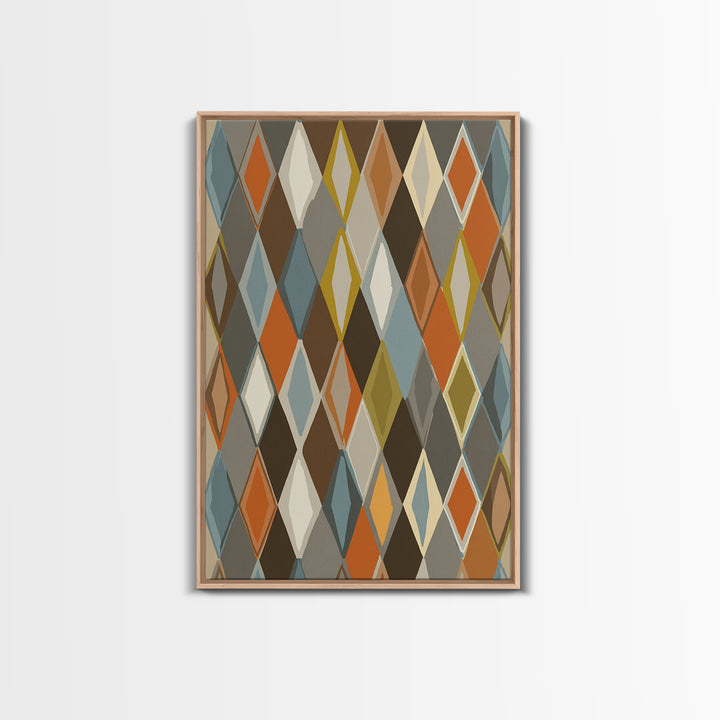 Earthy Argyle Diamond Pattern Framed Canvas Print, Mid Century Modern Wall Decor, Retro Geometric Abstract Art, Orange Blue