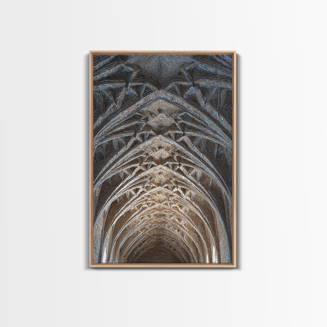 Gothic Vaulted Ceiling Architecture Wall Art, Cathedral Arches Perspective Print, Modern Geometric Decor, Blue Brown Tones