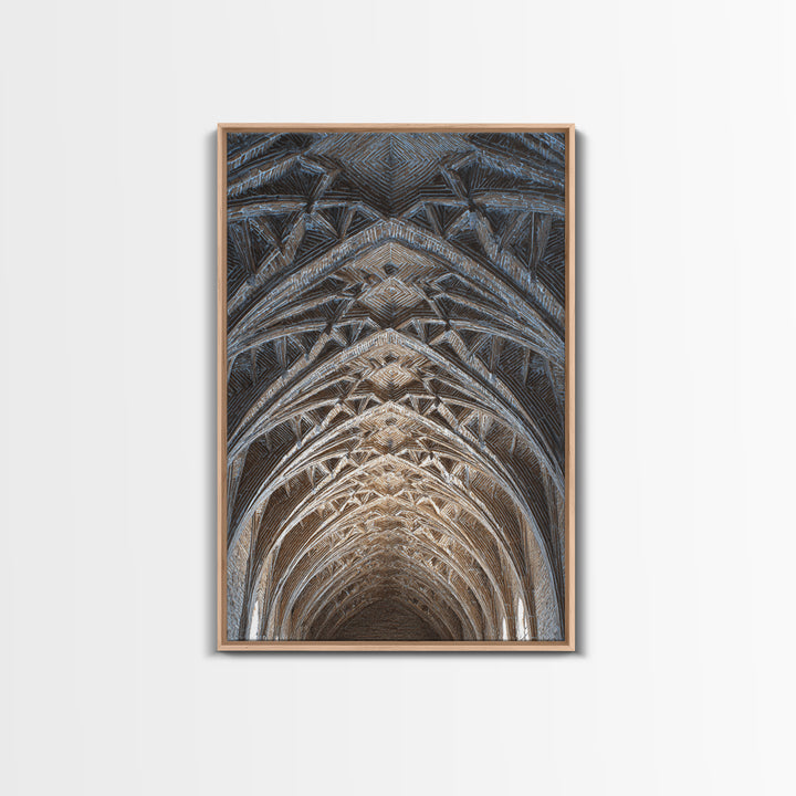 Gothic Vaulted Ceiling Architecture Wall Art, Cathedral Arches Perspective Print, Modern Geometric Decor, Blue Brown Tones