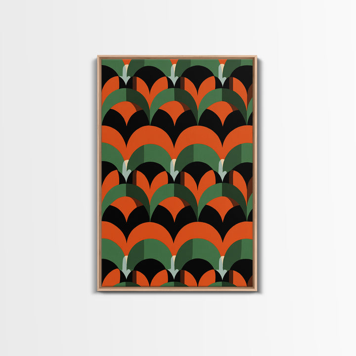 Orange Green Art Deco Fan Pattern Wall Art, Mid Century Modern Abstract Print, Retro Scallop Decor, Bold Black Canvas Home Decor
