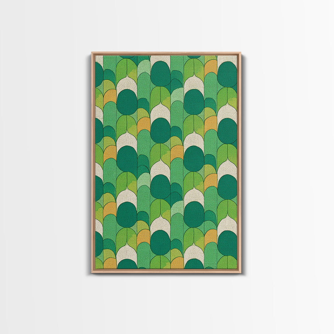 Green Botanical Oval Leaf Pattern Canvas Print, Mid Century Modern Wall Decor, Retro Nature Art, Textured Sage Teal Yellow