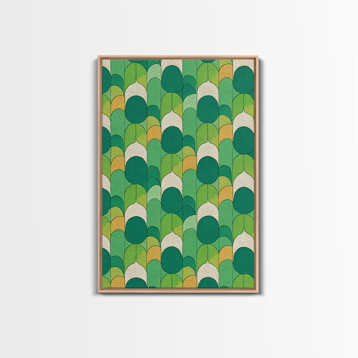 Green Botanical Oval Leaf Pattern Canvas Print, Mid Century Modern Wall Decor, Retro Nature Art, Textured Sage Teal Yellow