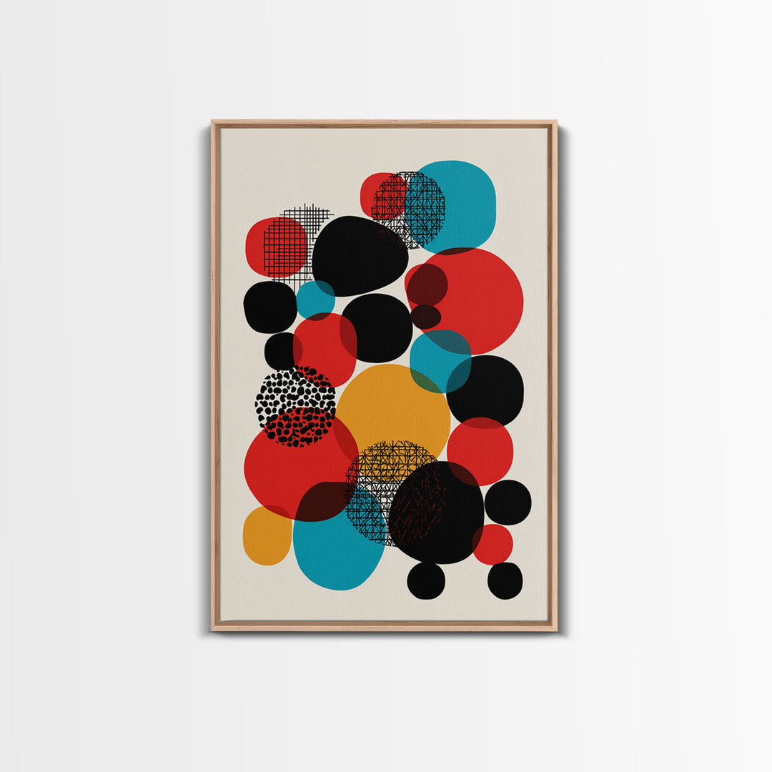 Red Teal Black Circle Cluster Canvas Print, Mid Century Modern Abstract Art, Retro Geometric Wall Decor, Mustard Cream Poster