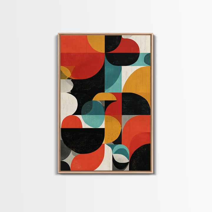Bauhaus Blocks And Circles Framed Canvas Print, Mid Century Modern Abstract Wall Decor, Retro Geometric Art, Red Teal Mustard