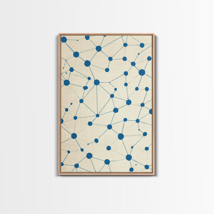 Blue Constellation Dot Pattern Canvas Print, Midcentury Modern Geometric Wall Art, Minimal Abstract Linen Home Office Decor