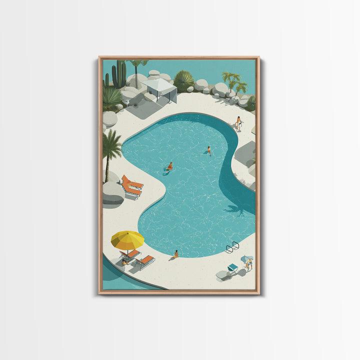 Aerial Desert Pool With Palms Wall Art, Midcentury Modern Palm Springs Print, Retro Vacation Resort Living Room Home Decor
