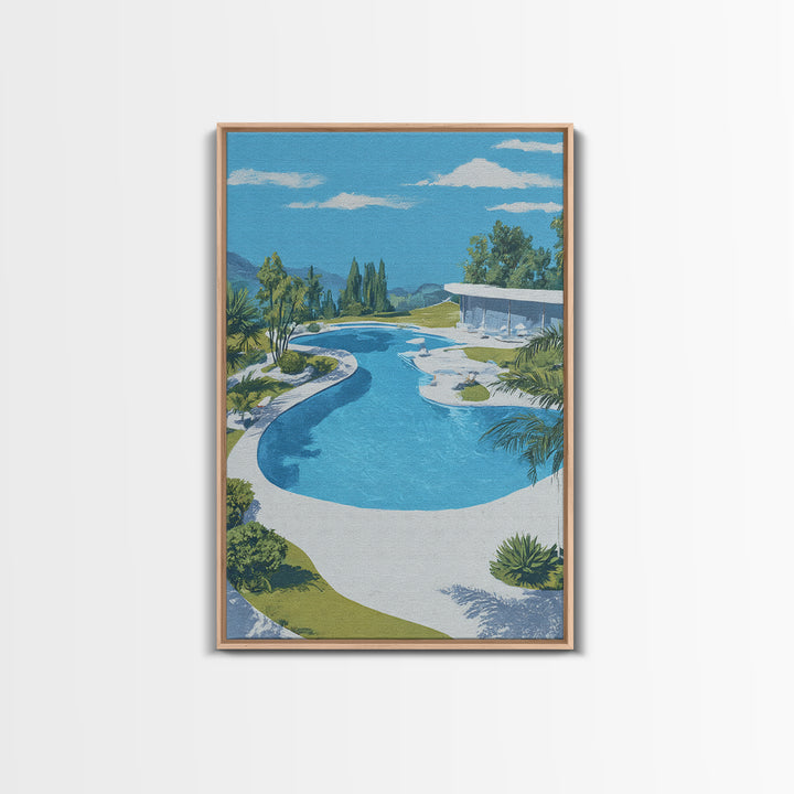 Midcentury Pool And Glass House Landscape Canvas Print, Palm Springs Modern Wall Art, Retro Architecture Living Room Home Decor