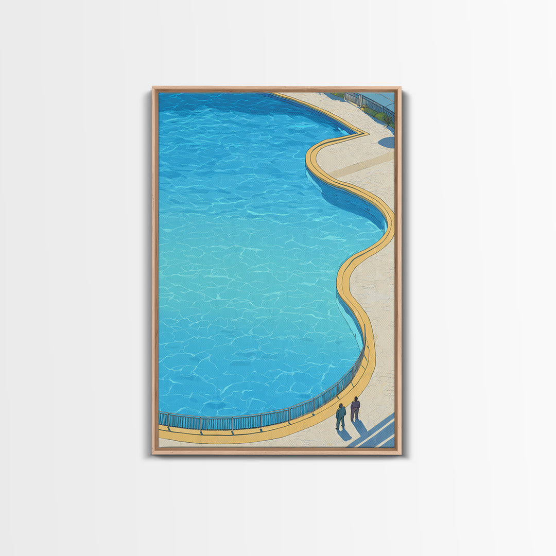 Curved Blue Swimming Pool Wall Art, Midcentury Modern Coastal Resort Print, Minimal Summer Travel Living Room Home Decor