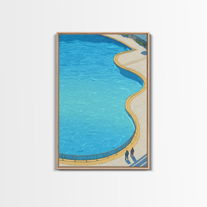 Curved Blue Swimming Pool Wall Art, Midcentury Modern Coastal Resort Print, Minimal Summer Travel Living Room Home Decor