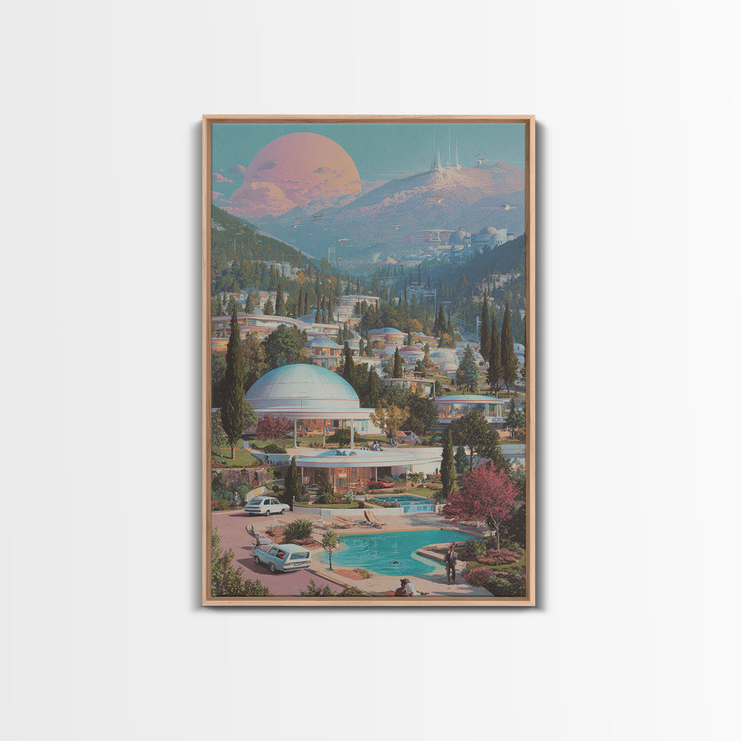 Futuristic Mountain Resort With Pink Moon Wall Art, Midcentury Modern Sci Fi Poster, Retro Travel Print, Scenic Home Decor