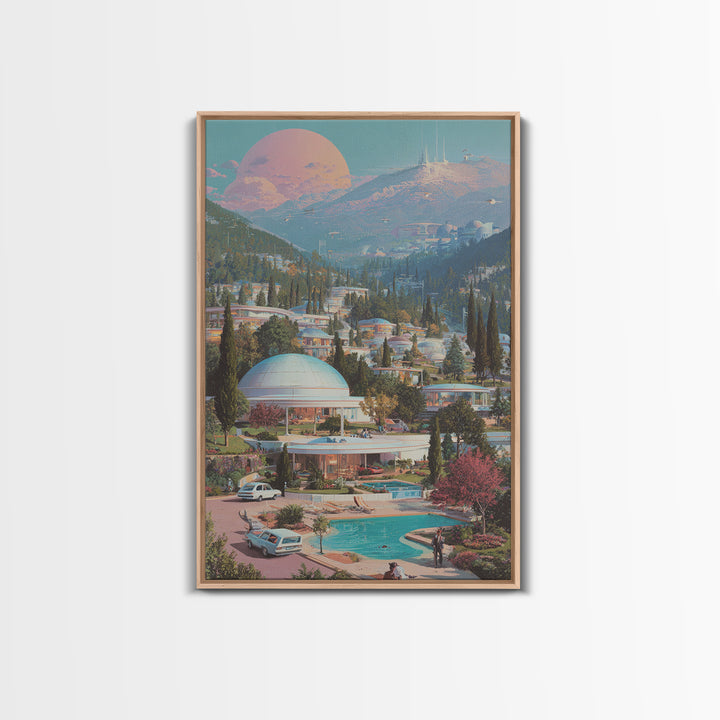 Futuristic Mountain Resort With Pink Moon Wall Art, Midcentury Modern Sci Fi Poster, Retro Travel Print, Scenic Home Decor