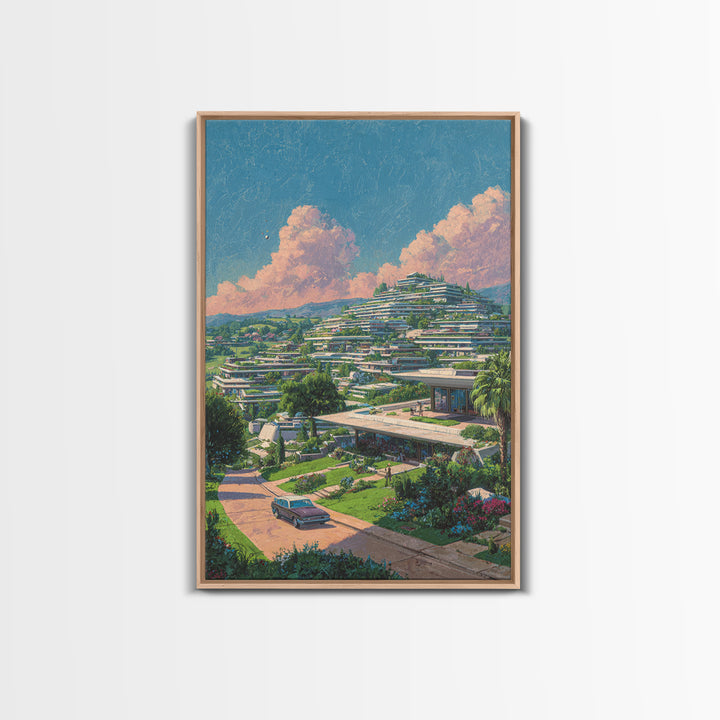 Terraced Hillside Utopia With Pink Clouds Wall Art, Midcentury Modern Architecture Poster, Colorful Landscape Home Decor