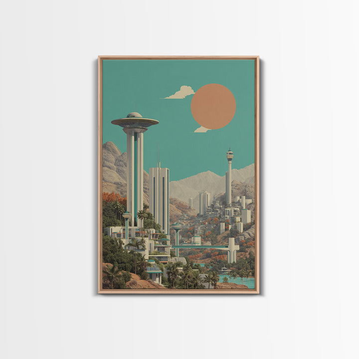 Futuristic Desert City With Saucer Tower Canvas Print, Midcentury Modern Wall Art, Sci Fi Retro Travel Poster Home Decor