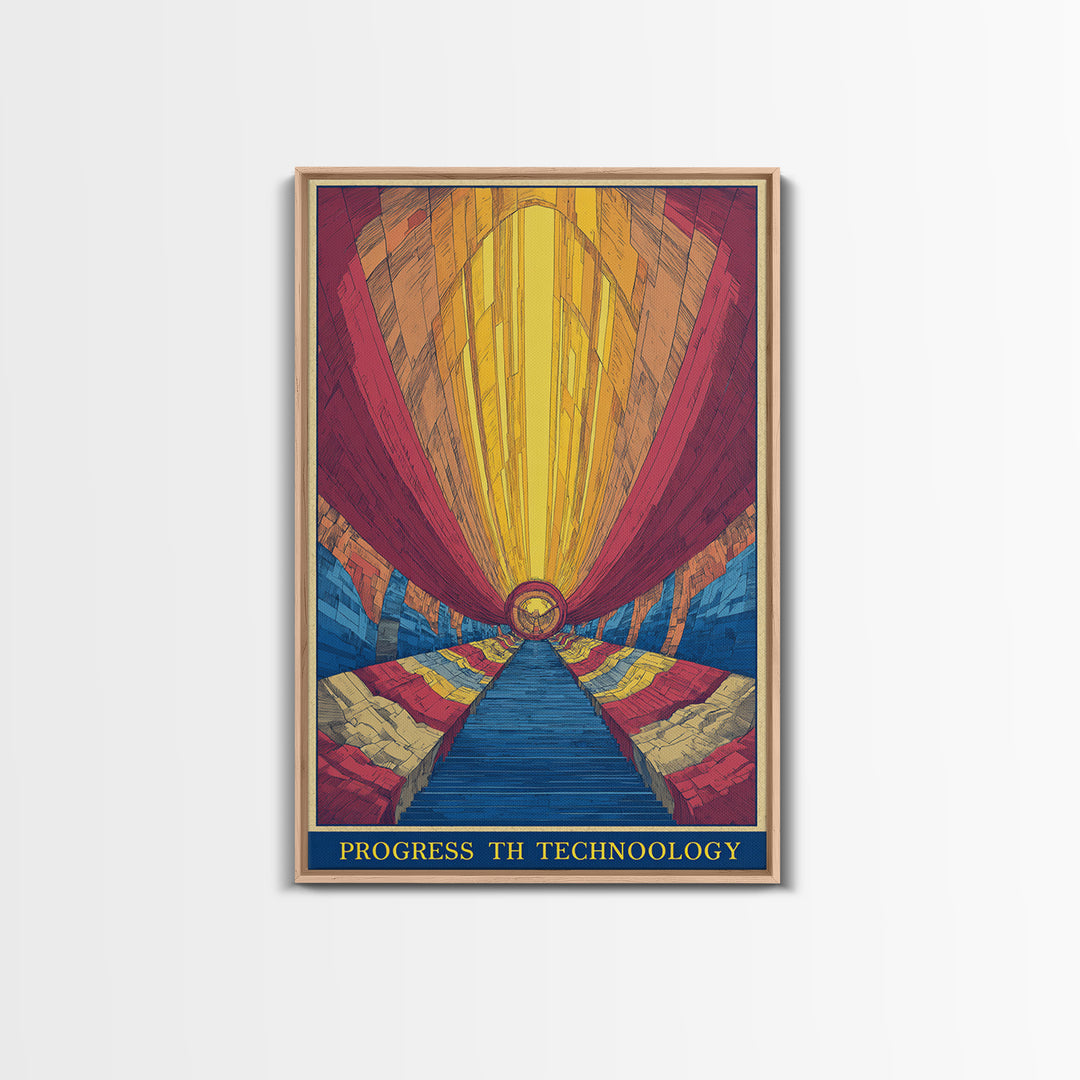 Glowing Futurist Technology Tunnel Wall Art, Retro Sci Fi Poster, Modern Abstract Art Print, Colorful Geometric Home Decor