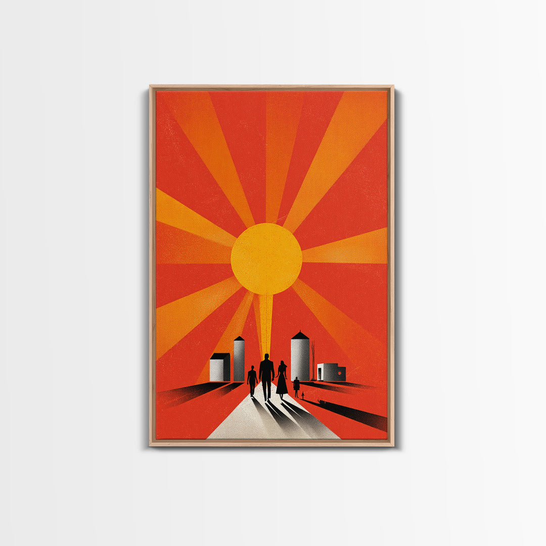 Family Silhouettes Walking Toward Sun Wall Art, Midcentury Modern Poster, Orange Retro Abstract Print, Inspirational Decor