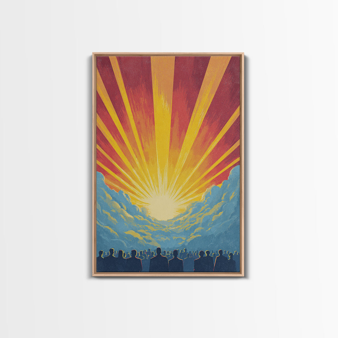 Radiant Sunrise Over Crowd Silhouette Canvas Print, Retro Sci Fi Wall Art, Inspirational Sun Poster, Colorful Home Decor