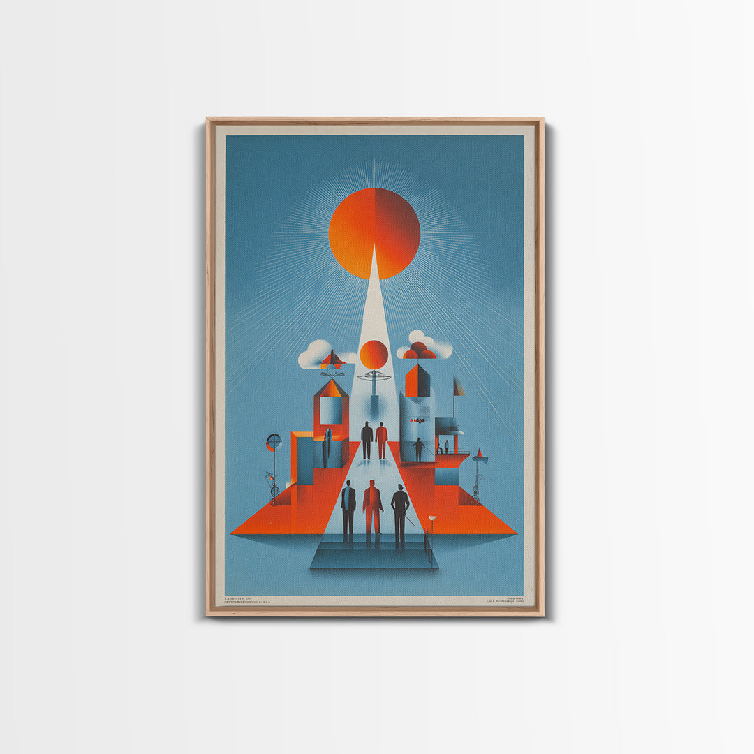 Futuristic Orange Sun City Wall Art, Midcentury Modern Art Print, Retro Geometric Poster, MCM Living Room Decor, Bold Blue Orange
