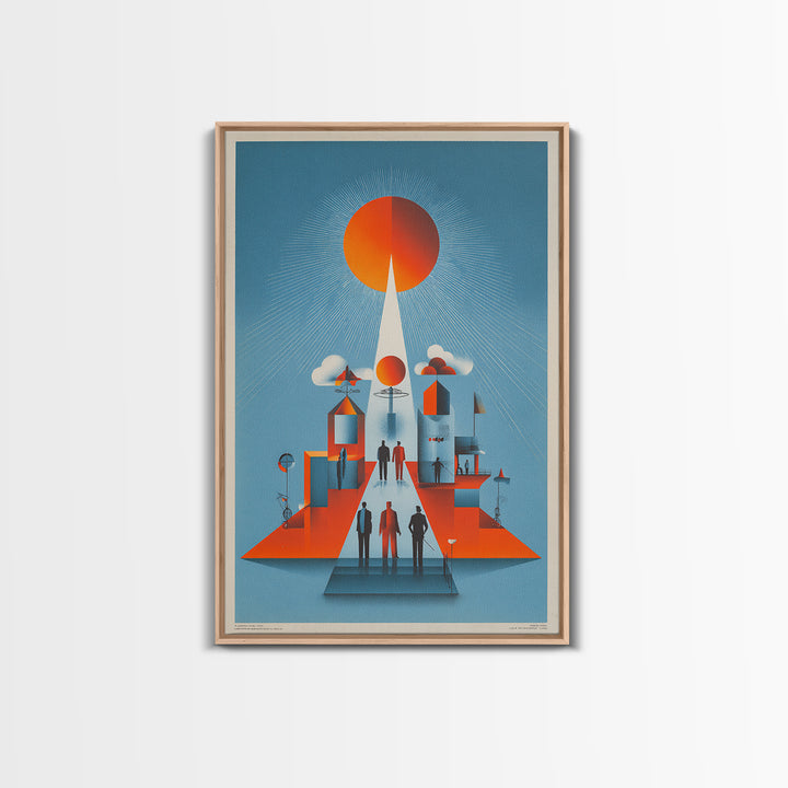 Futuristic Orange Sun City Wall Art, Midcentury Modern Art Print, Retro Geometric Poster, MCM Living Room Decor, Bold Blue Orange