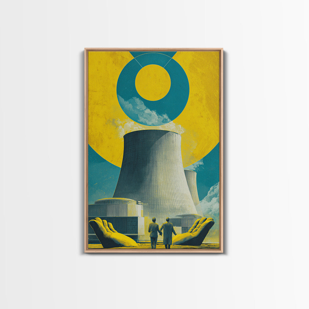 Nuclear Cooling Tower In Giant Hands Canvas Print, Retro Futurist Wall Decor, Yellow Teal Industrial Modern Art, MCM Poster
