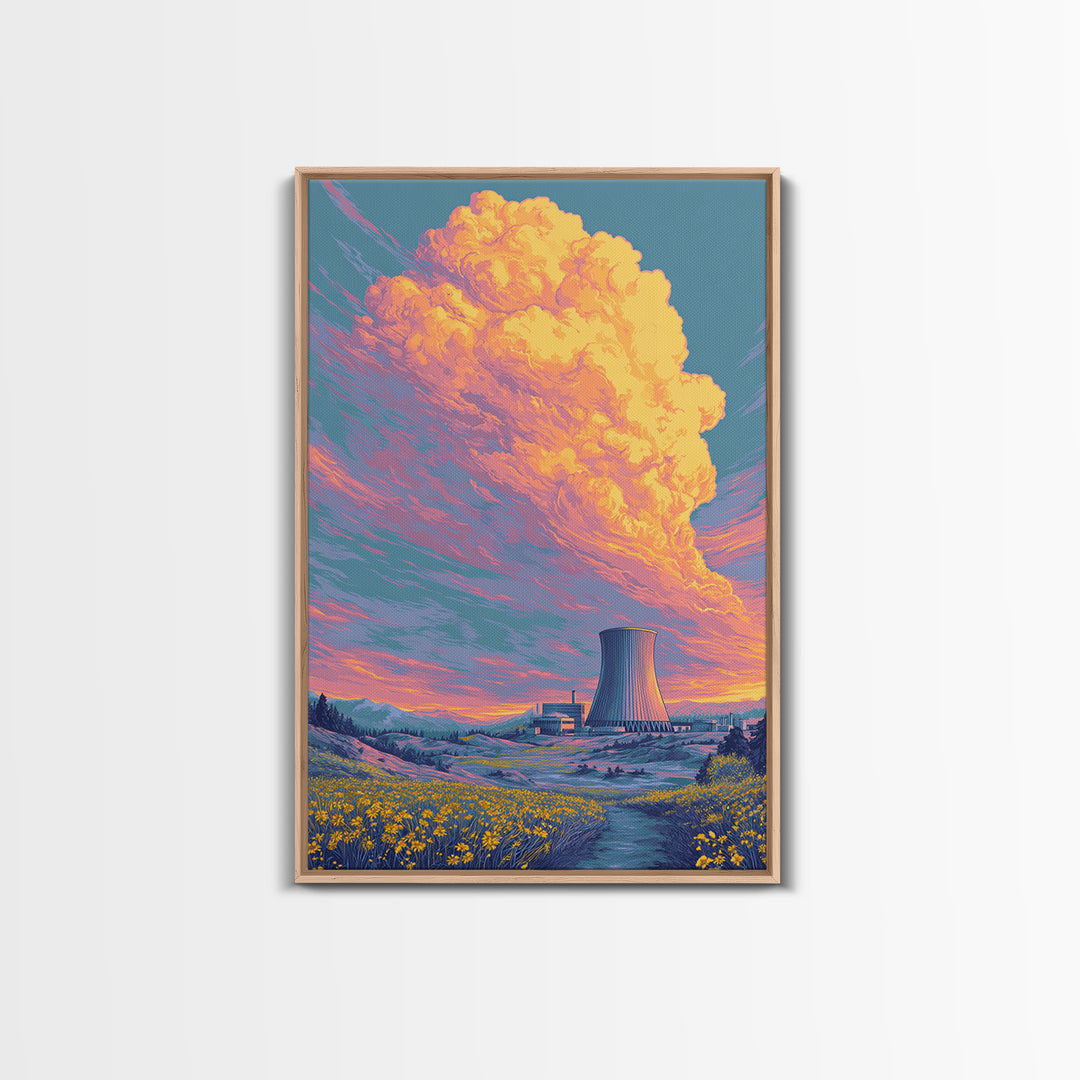 Pastel Nuclear Plant With Flower Field Wall Art, Scenic Landscape Poster, Colorful Modern Home Decor, Retro Art Print, Gift