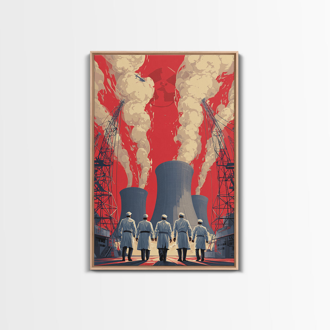 Nuclear Plant Workers Under Red Sky Framed Canvas Print, Industrial Wall Art, Retro Sci Fi Poster, Bold Statement Home Decor