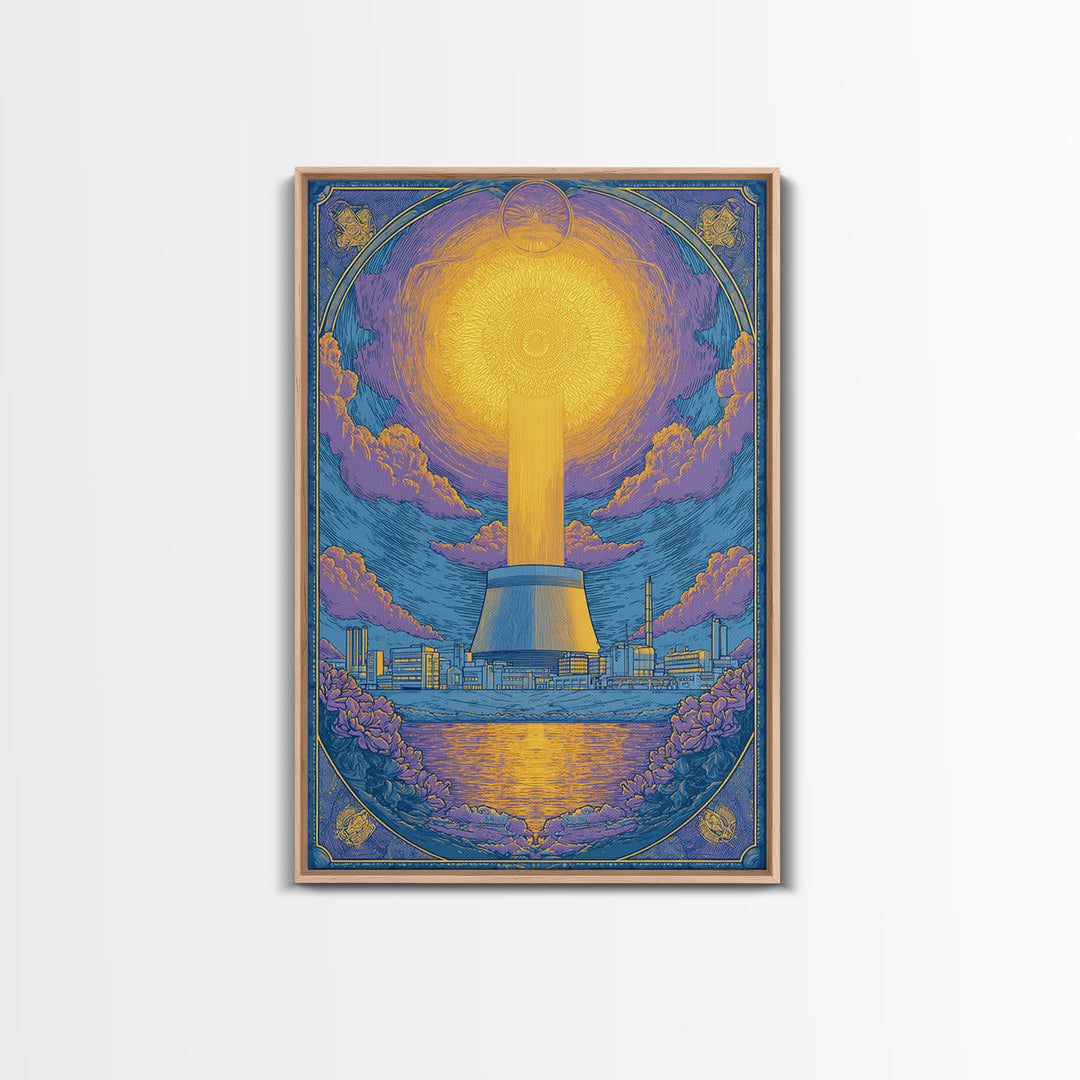 Ornate Radiant Nuclear Tower Wall Art, Art Nouveau Industrial Poster, Blue Gold Scenic Print, Spiritual Modern Statement Decor