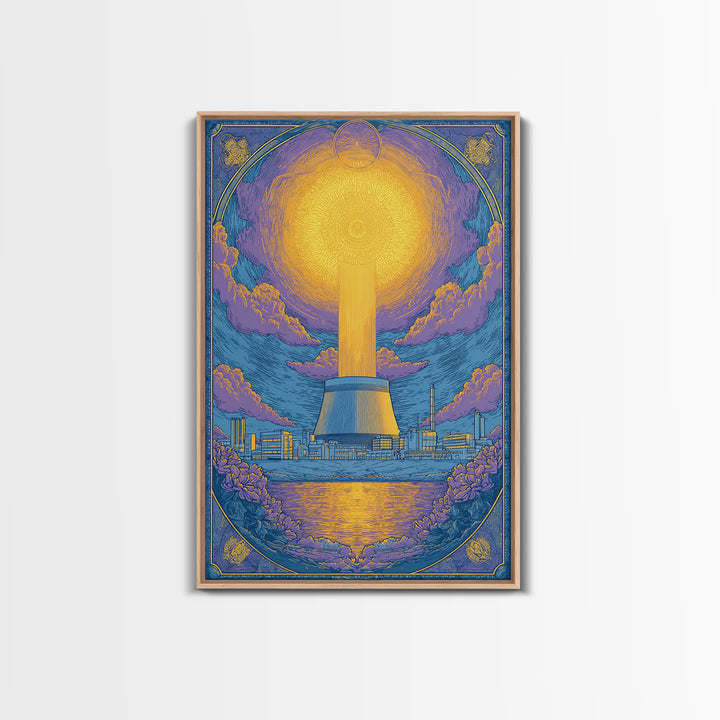 Ornate Radiant Nuclear Tower Wall Art, Art Nouveau Industrial Poster, Blue Gold Scenic Print, Spiritual Modern Statement Decor